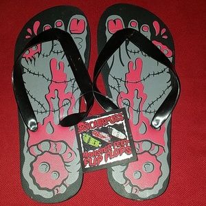 Sourpuss Zombie Monster Flip Flops in Black w Stitched Feet & Bloody Amputations